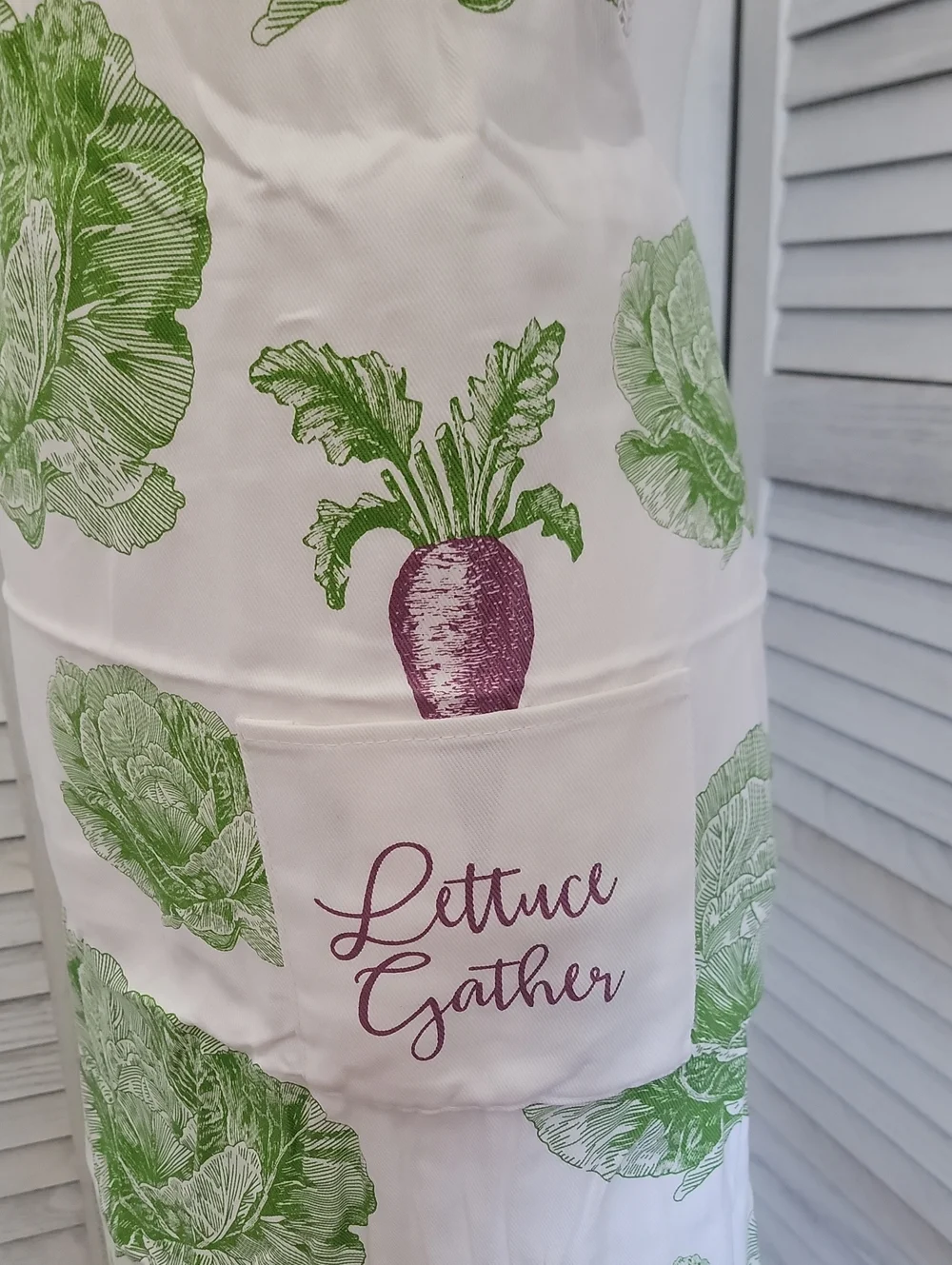 White Garden Inspired Kitchen Apron with Green Lettuce Print - 